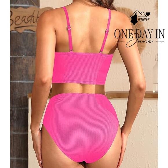 Yonique Ribbed Crop High Waist Bikini Swimsuit Size S - Picture 2 of 7